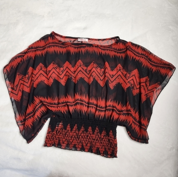 Vivace Blouse Womens M Black and Red Semi Sheer Batwing Sleeve - Picture 3 of 7